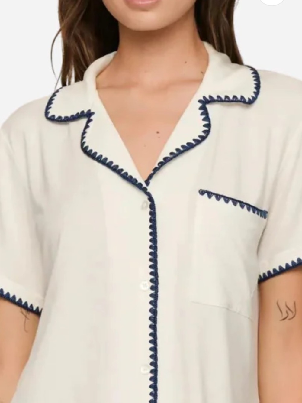 Eberjey Cream Short-Sleeve Pajama Top with Navy Trim